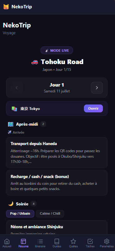 Aperçu de NekoTrip pendant le voyage